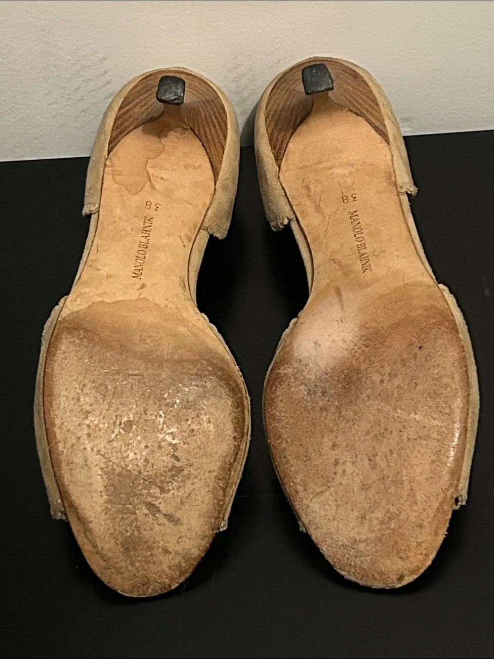 Vintage Manolo Blahnik Tan Suede Peep-Toe Heels, Size 38